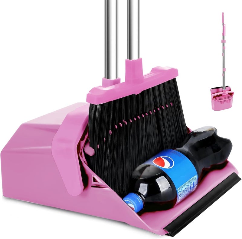 Tiumso Broom with Dustpan Combo Set, 51'' Broom and Dustpan Set, Brooms and Dust Pan with Handle, Brooms with Standing Dustpans, House Broom for Pets Hair and Floor Cleaning - Pink - Image 1